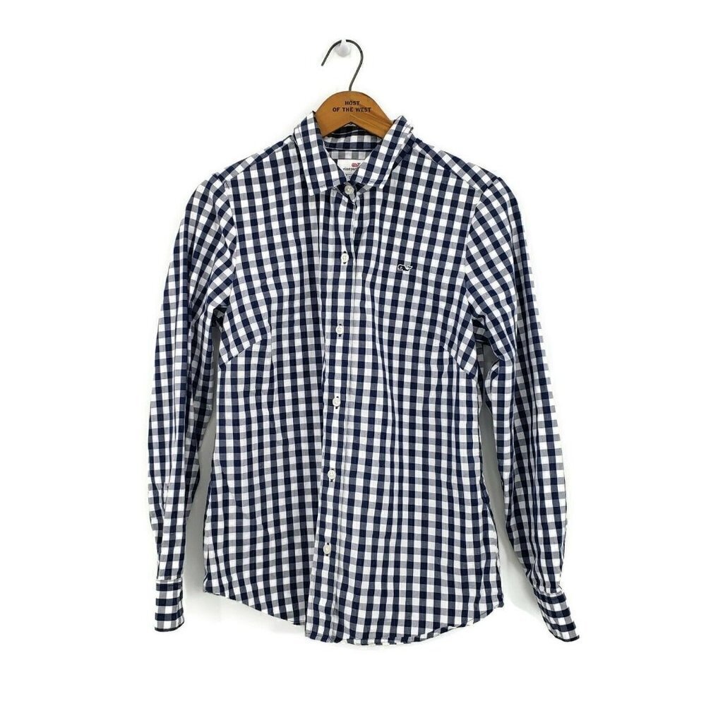 Vineyard Vines Medium Gingham Shirt Womens 2 Navy Blue White Button Front Top